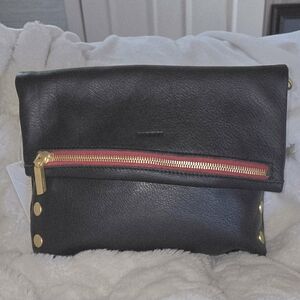 Black Leather Hammit Clutch with Red And Gold Accents